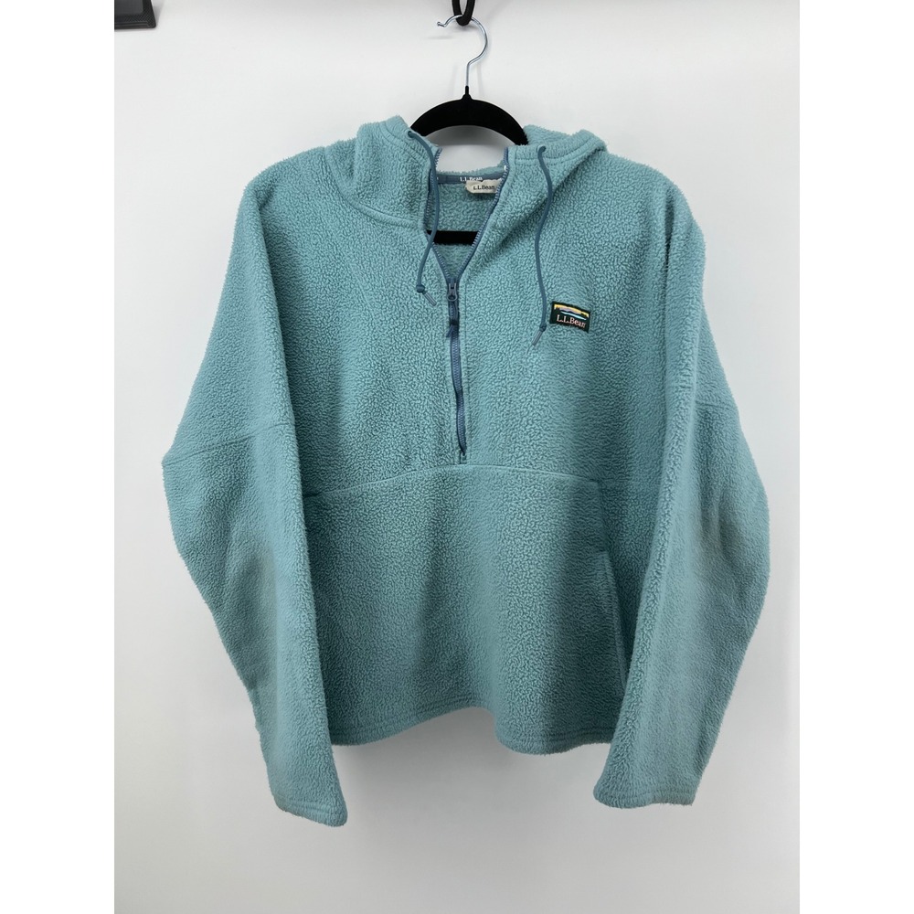 LL Bean Kahahdin Sherpa Fleece Quarter Zip Hoodie Blue Pullover Womens XL Petite